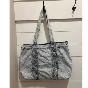 Shane Vintage 80s Acid Wash Denim Tote Bag Blue Cotton Zipper Shoulder Bag Large